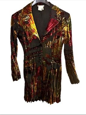 ALBERTO MAKALI Late 90s Black Floral Paisley Crushed Velvet Crinkled Duster Sz L